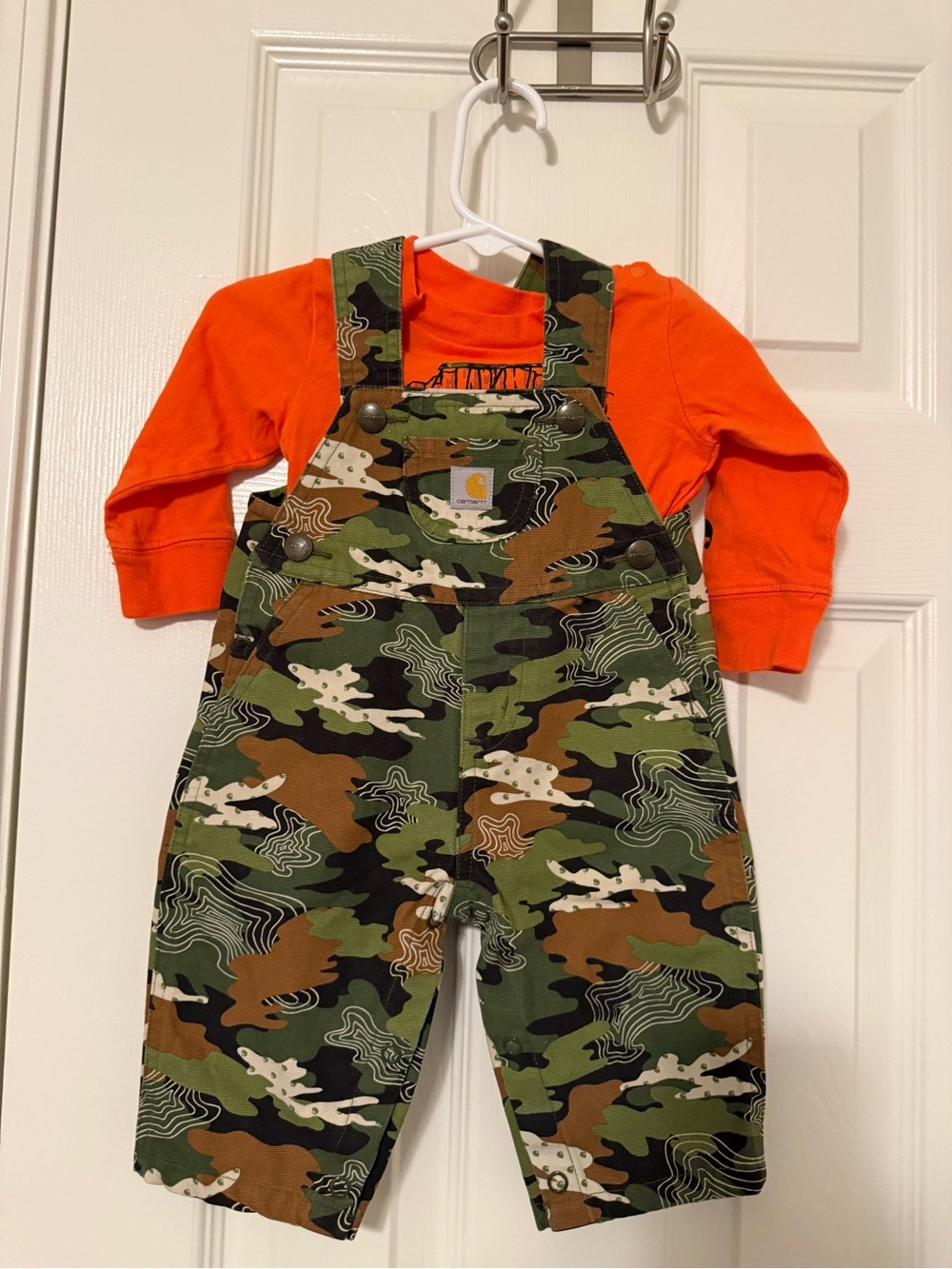 Carhartt Orange Bodysuit with Green Camo Overalls